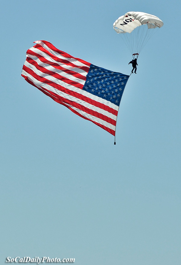 Long Beach Grand Prix skydiver with American Flag